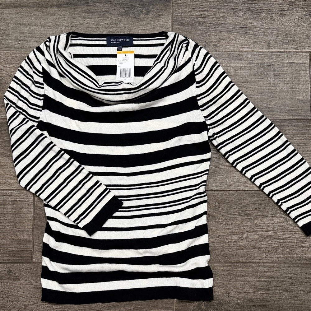 NWT Jones New York Black and Cream Striped Boat Neck Sweater